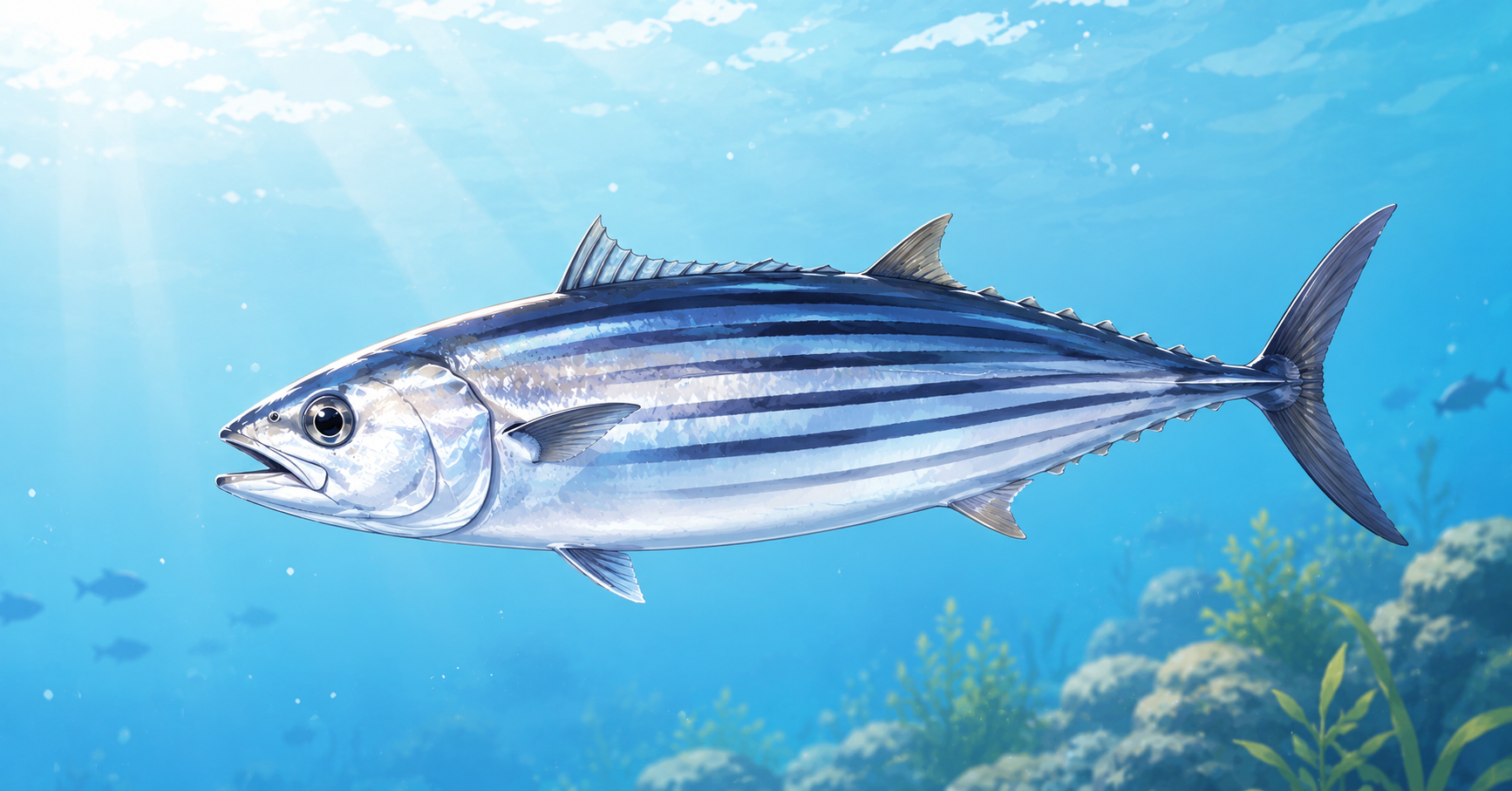 A streamlined, torpedo-shaped Bonito fish displaying distinct dark horizontal stripes along its silver sides.