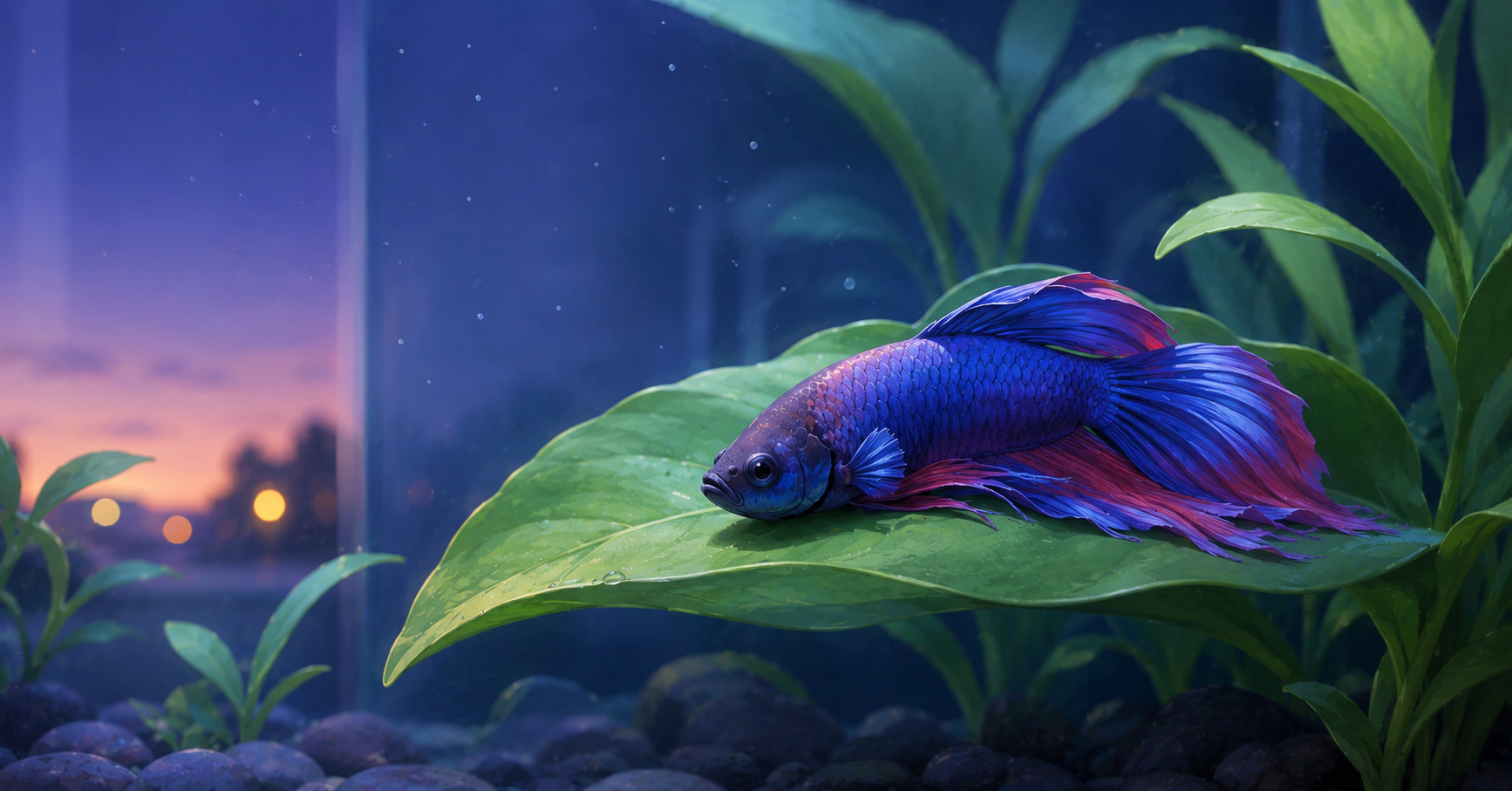 A betta fish resting calmly on a green leaf inside an aquarium with natural twilight shading, demonstrating healthy low-light behaviors.