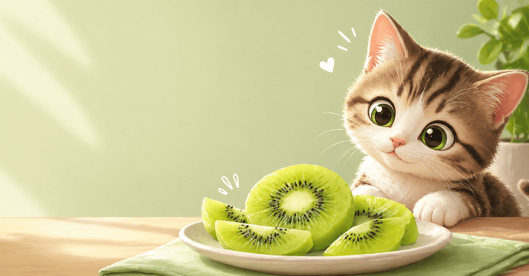 A sliced green kiwi with the fuzzy skin removed, prepared as a safe, small snack for a curious cat.