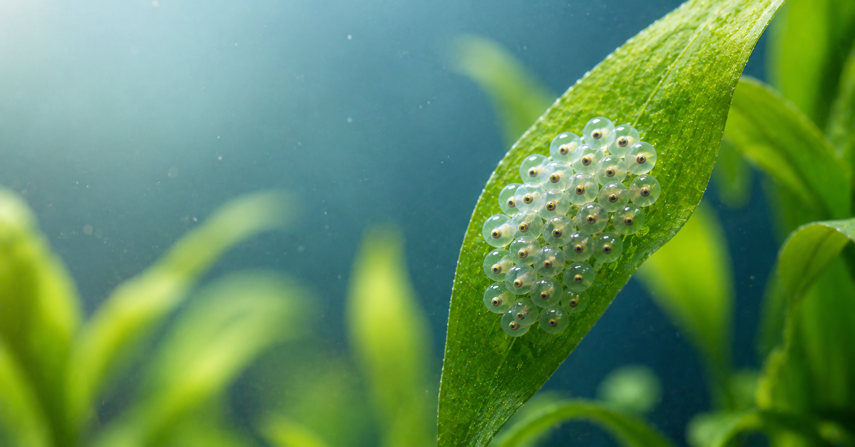 A close-up view of healthy, translucent fish eggs attached in a neat cluster to a green aquarium leaf.