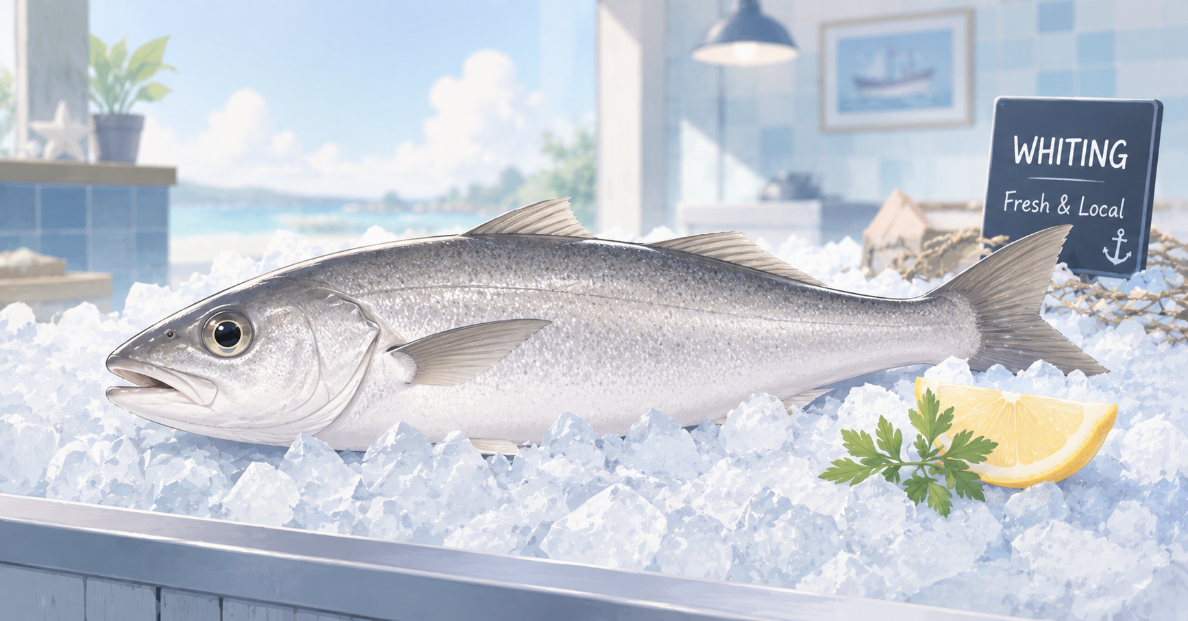 A fresh, whole silver-gray whiting fish resting on a bed of crushed ice at a clean local seafood market.