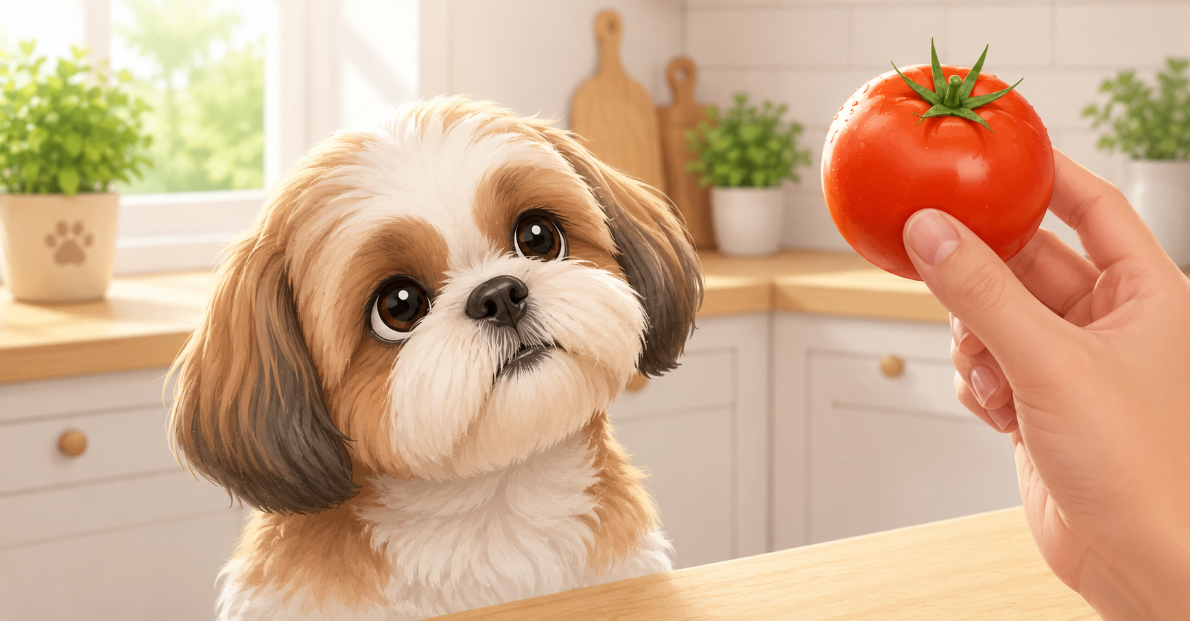 A curious domestic dog looking up at a ripe red tomato, demonstrating an owner considering sharing a safe vegetable snack.
