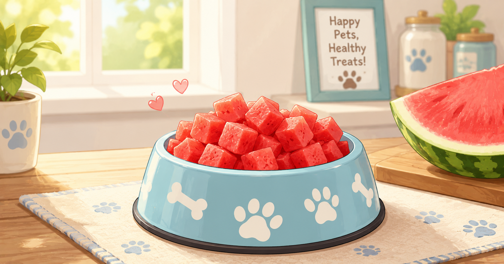 Fresh, seedless watermelon cubes cut into small, bite-sized pieces inside a dog bowl, demonstrating safe pet serving sizes.