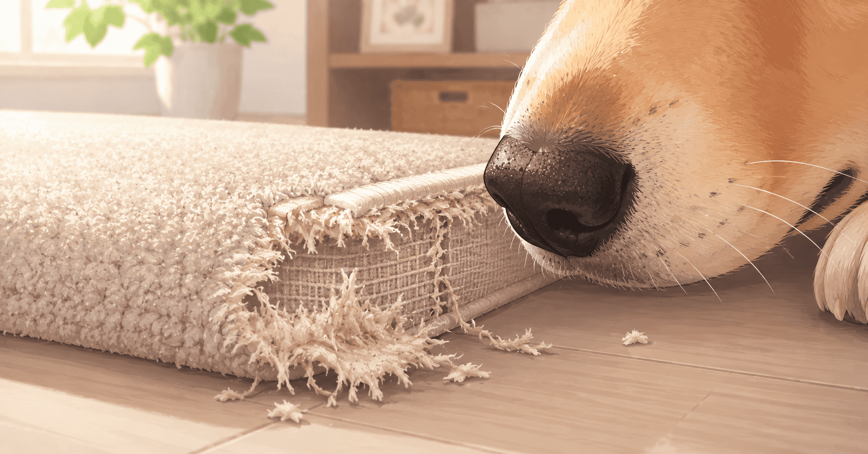 A close-up view of a dog nose near a frayed, chewed corner of household carpeting, showing the damage caused by destructive chewing habits.