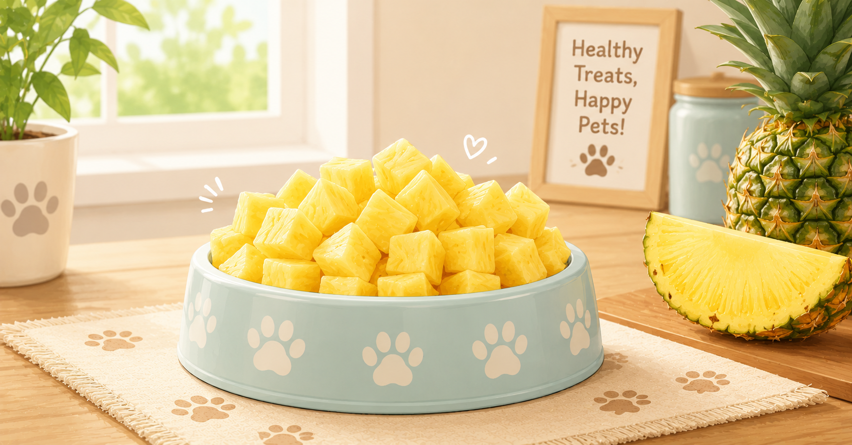 A collection of fresh, golden pineapple chunks cut into small, bite-sized pieces prepared safely for a pet treat.