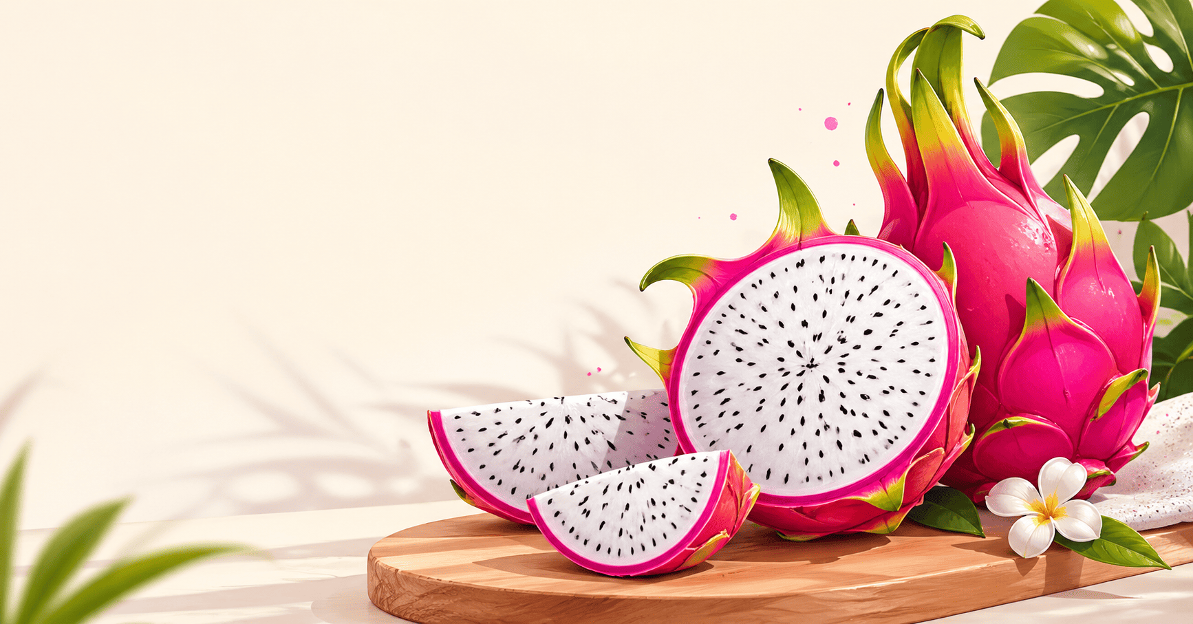 A sliced dragon fruit showing the white flesh and tiny black seeds, illustrating the only part of the fruit that is safe for cats to eat.
