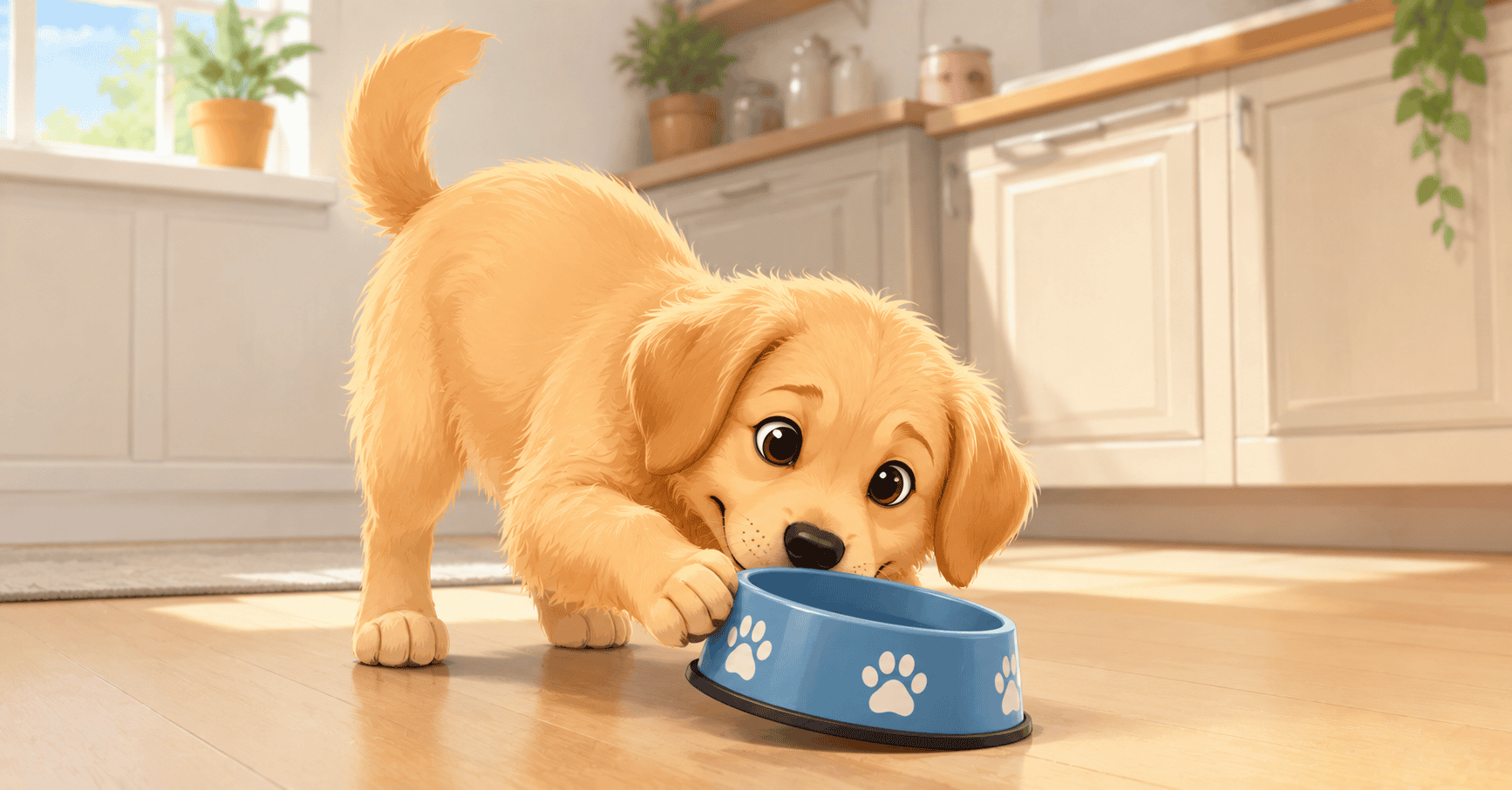 A curious domestic dog nudging a non-slip food bowl on a kitchen floor, illustrating common canine mealtime play behaviors.