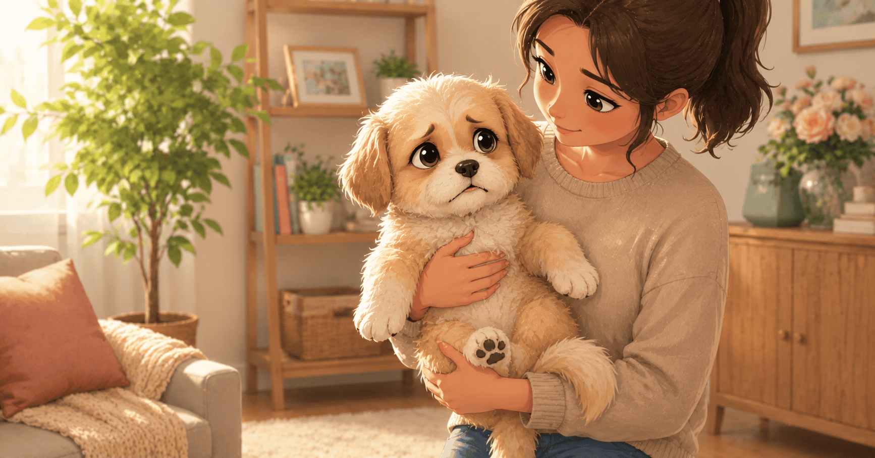 Owner gently lifting a cute small dog with proper support in a cozy home, illustrating why some dogs cry when picked up.