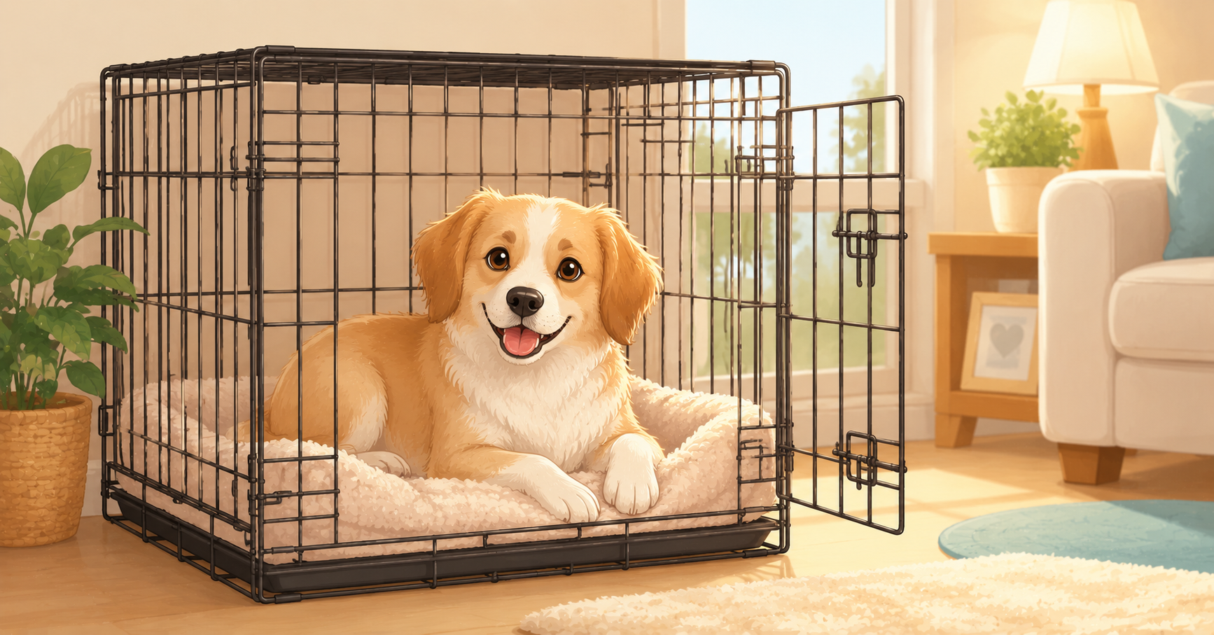 A calm domestic dog resting comfortably inside a properly sized, open-wire crate with a soft blanket, demonstrating healthy conditioning.