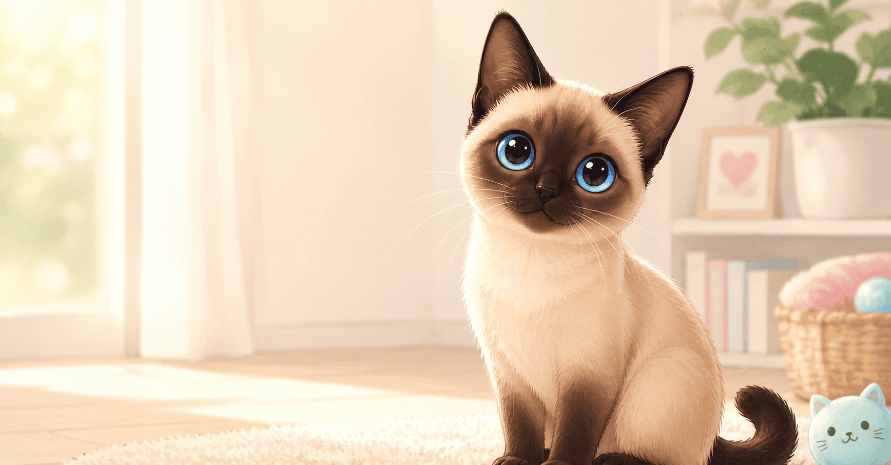 A beautiful Siamese cat looking forward with clear blue eyes and a sleek, pointed coat pattern, showing alert and curious facial expressions.