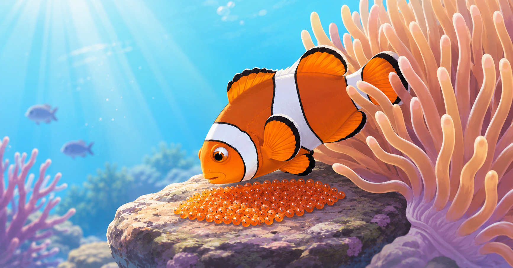 A male clownfish tending to a bright orange clutch of eggs laid on a flat rock surface next to a host sea anemone.