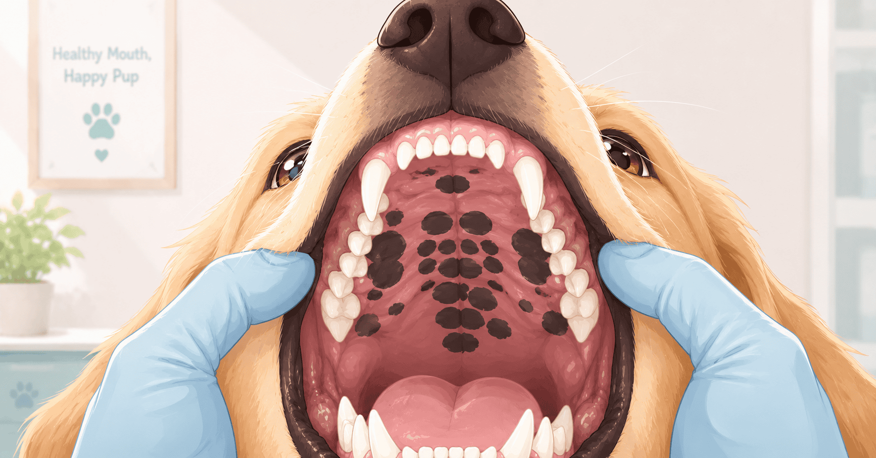 A close-up view of a dog's open mouth showing healthy teeth and normal, flat black pigment patches on the roof of the palate.