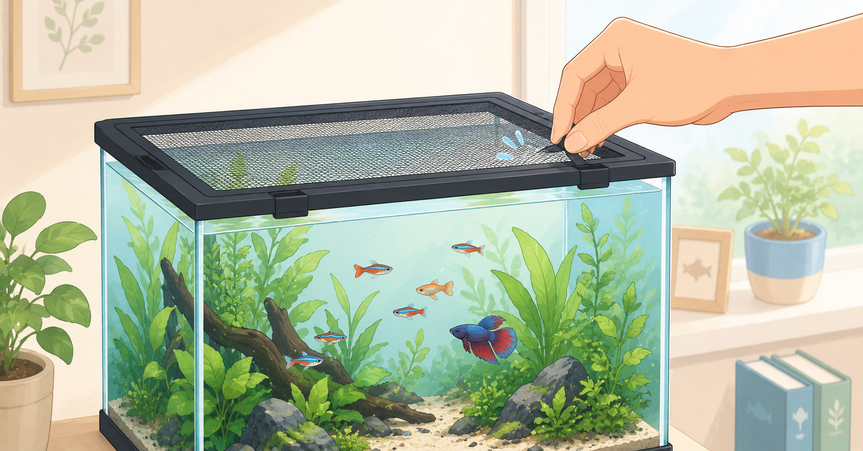 A hand adjusting a tight-fitting mesh lid on top of a clean, planted home aquarium to prevent pet fish from escaping.