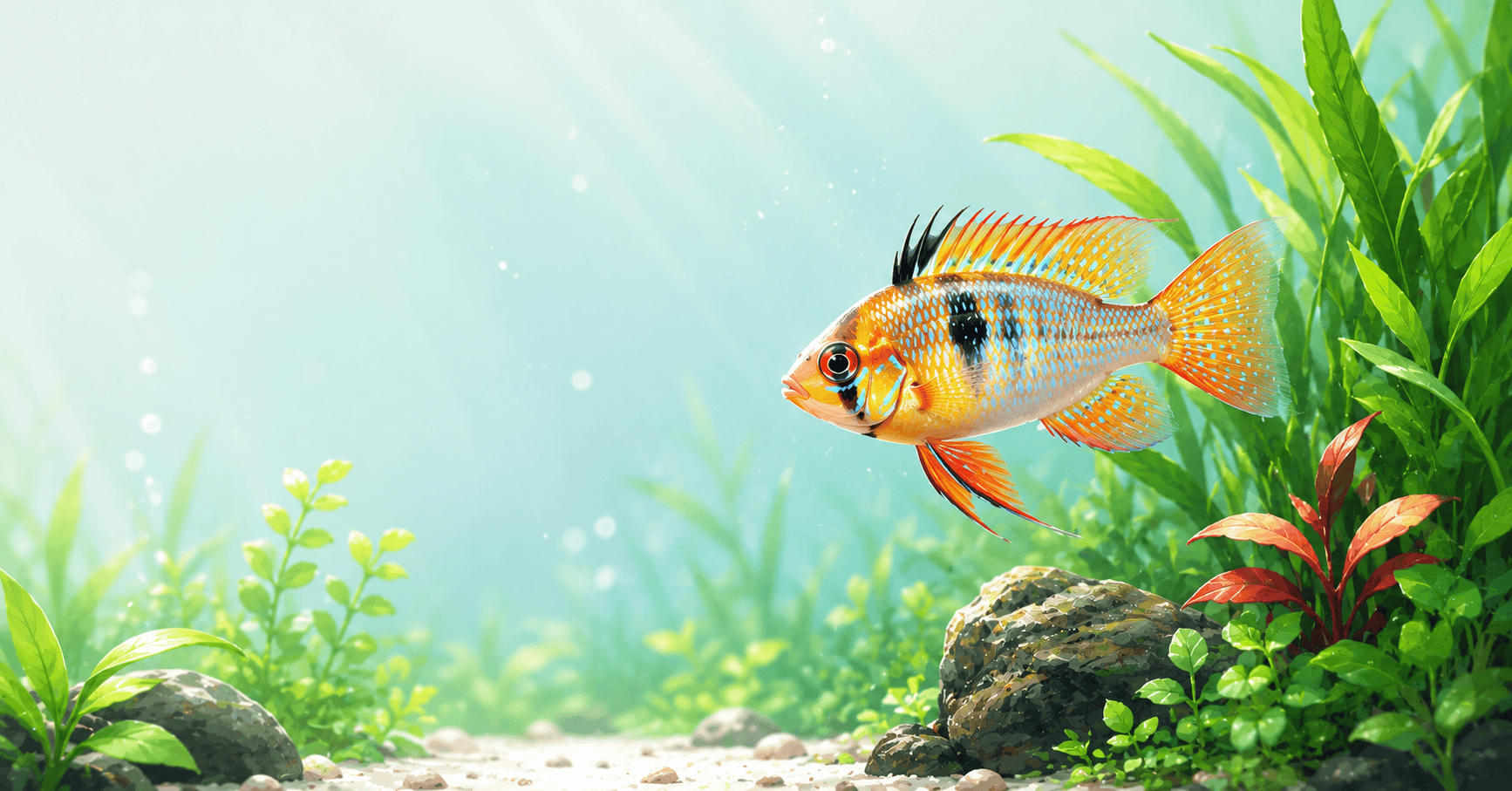 A vibrant tropical fish swimming calmly in a clean, planted aquarium, showing normal baseline behavior.