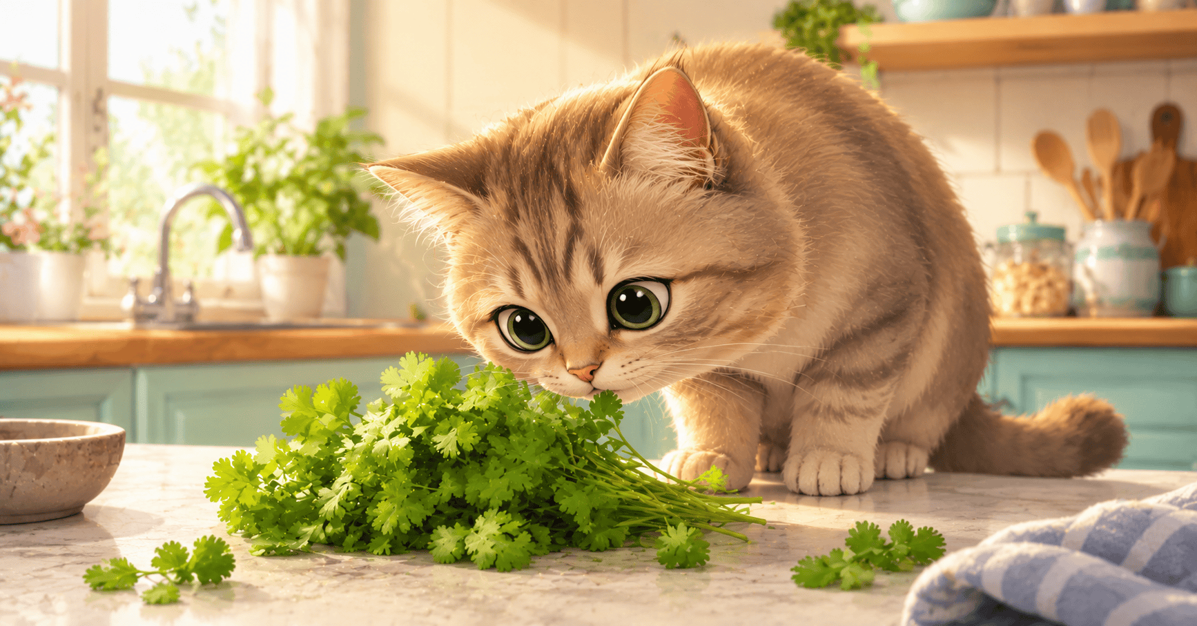 Cute fluffy cat sniffing fresh cilantro leaves on a kitchen counter in a bright, pet-friendly kitchen.