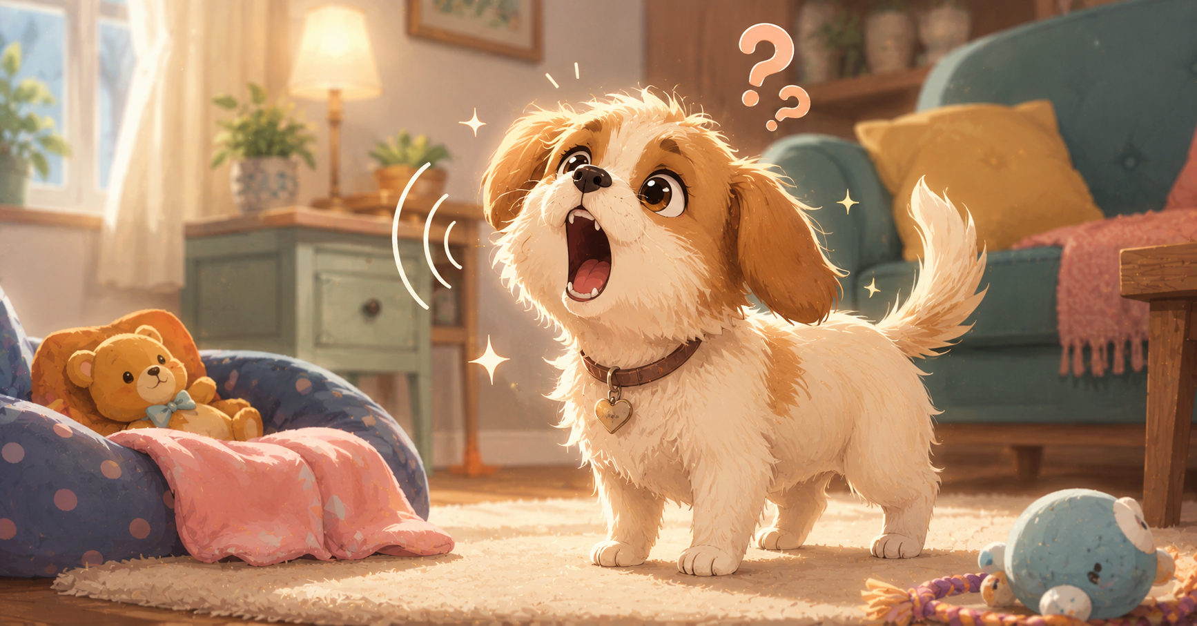 Animated illustration of a cute dog making a random barking or screaming sound in a cozy home, exploring the spiritual meaning behind unusual dog behavior.