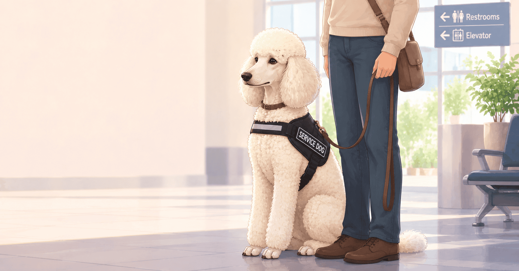 A Standard Poodle wearing a professional service dog vest sitting quietly next to its handler in a public environment.