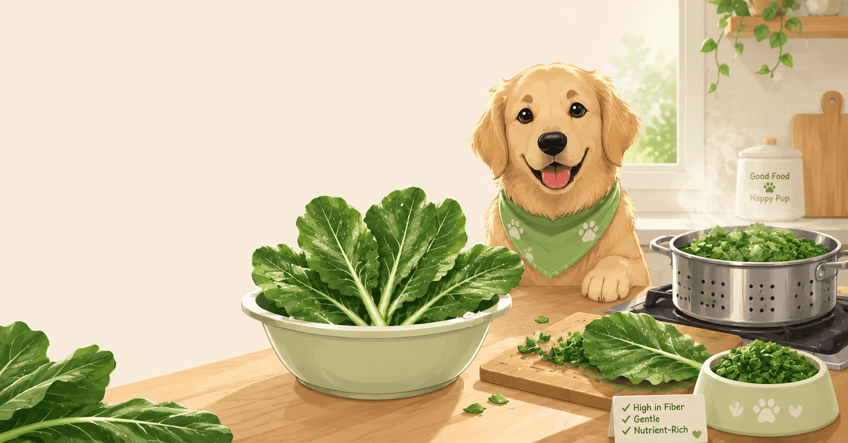 Fresh, organic collard green leaves being washed and prepared for steaming as a safe, high-fiber addition to a dog's meal.