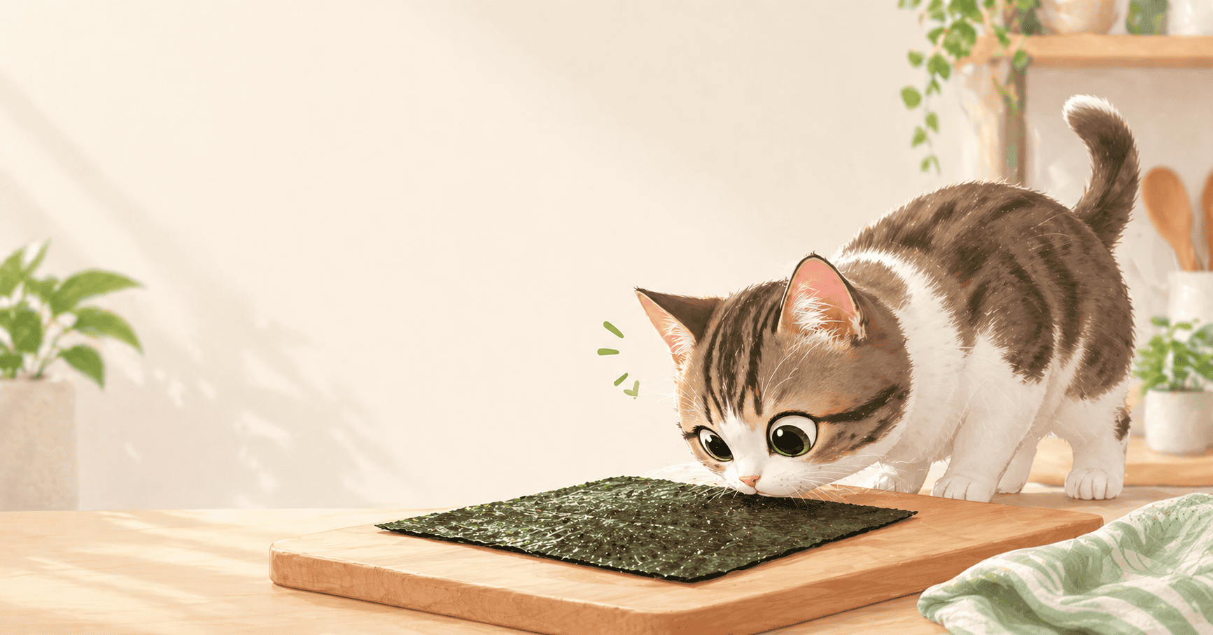A curious cat sniffing a plain nori seaweed sheet, illustrating a safe way to offer a small, unseasoned aquatic treat.