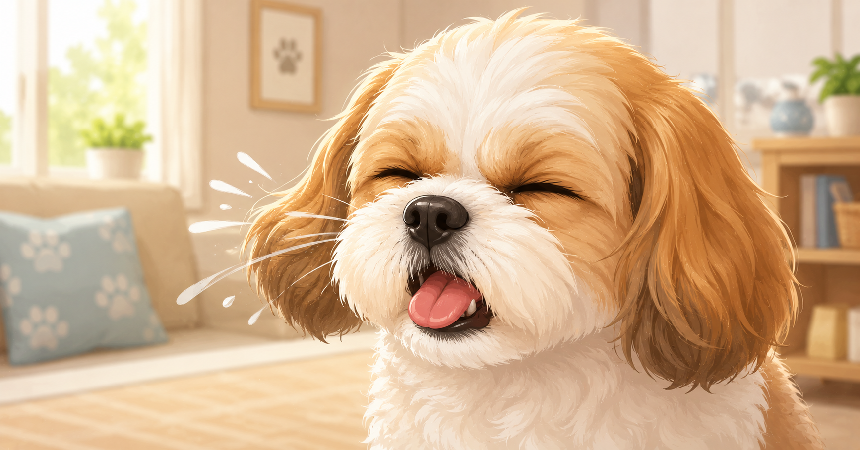 A close-up of a dog mid-sneeze with its tongue out, showing a natural physical reaction rather than a canine cold symptom