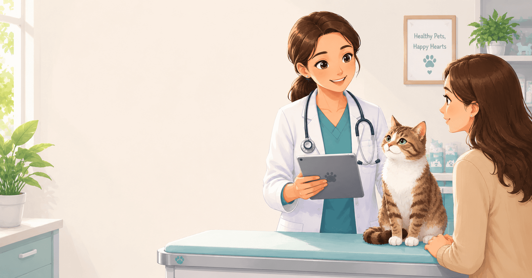 A female veterinarian holding a tablet while consulting with a cat owner, with a calm cat sitting on the examination table next to her.
