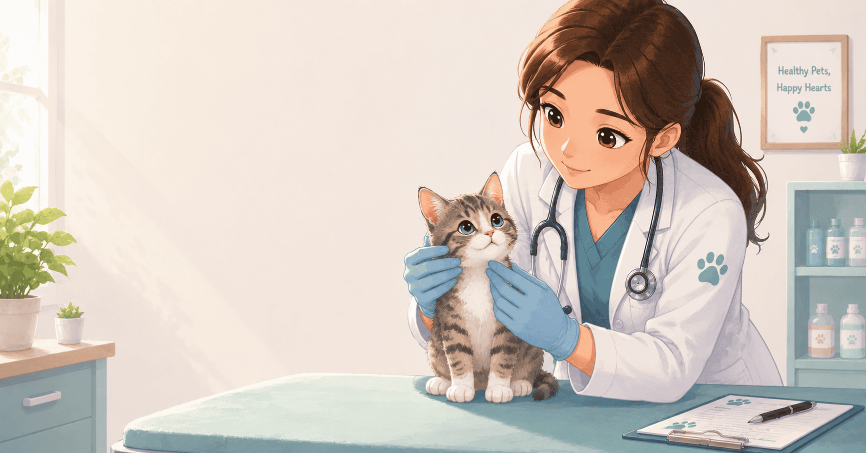 A small kitten being gently examined by a veterinarian to determine its health status for a spay or neuter procedure.