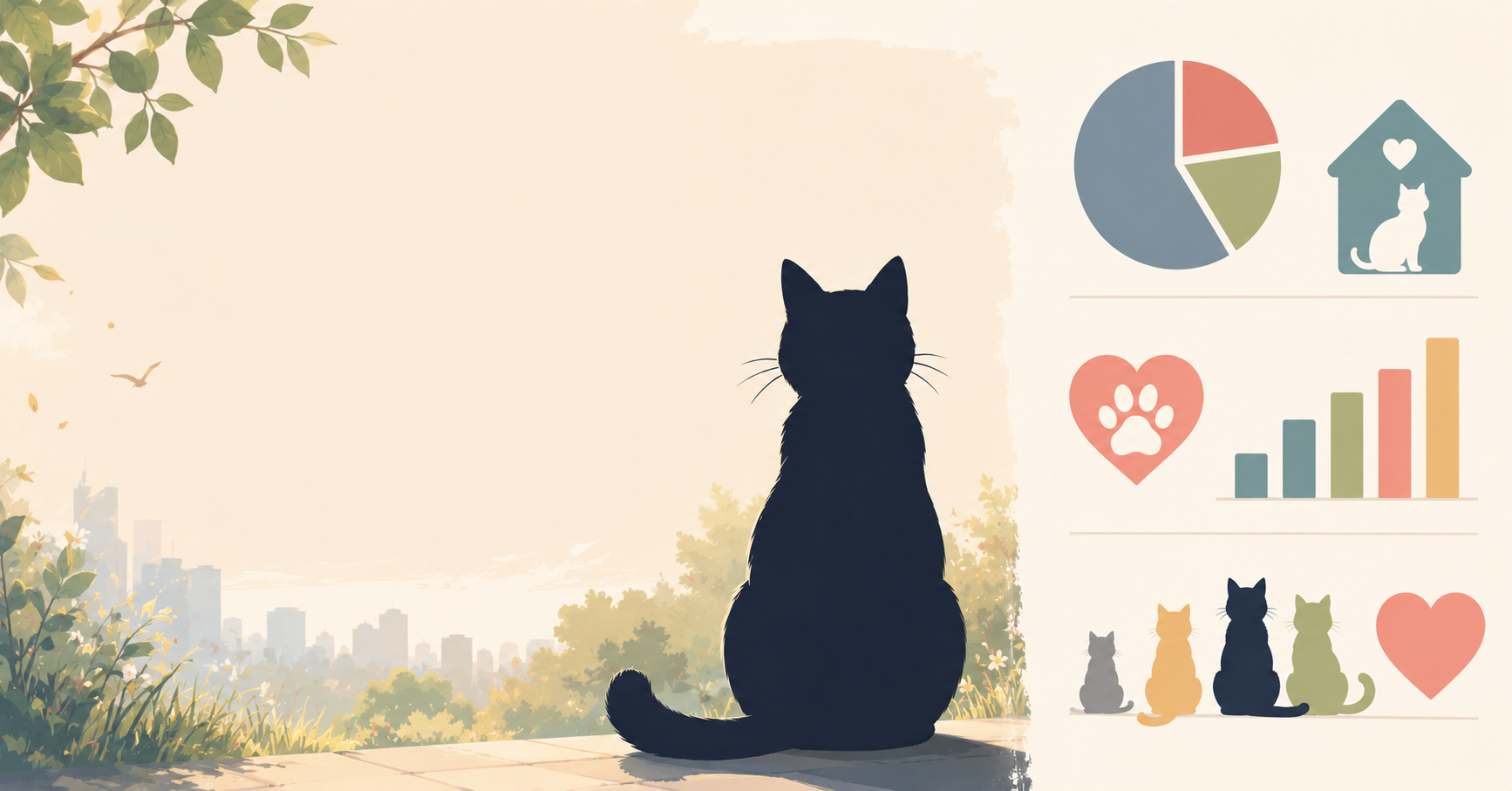 An informational flyer graphic with a silhouette of a missing cat, illustrating lost pet statistics and shelter recovery data.