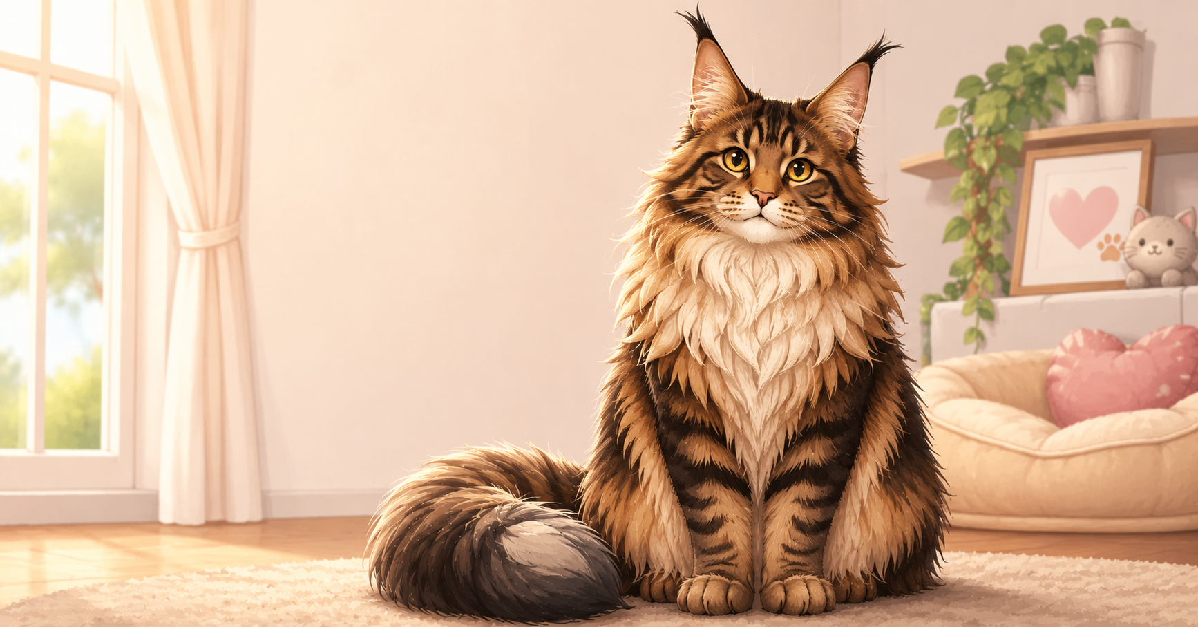 A massive, fluffy purebred Maine Coon cat displaying prominent ear tufts and a majestic coat pattern while sitting indoors.