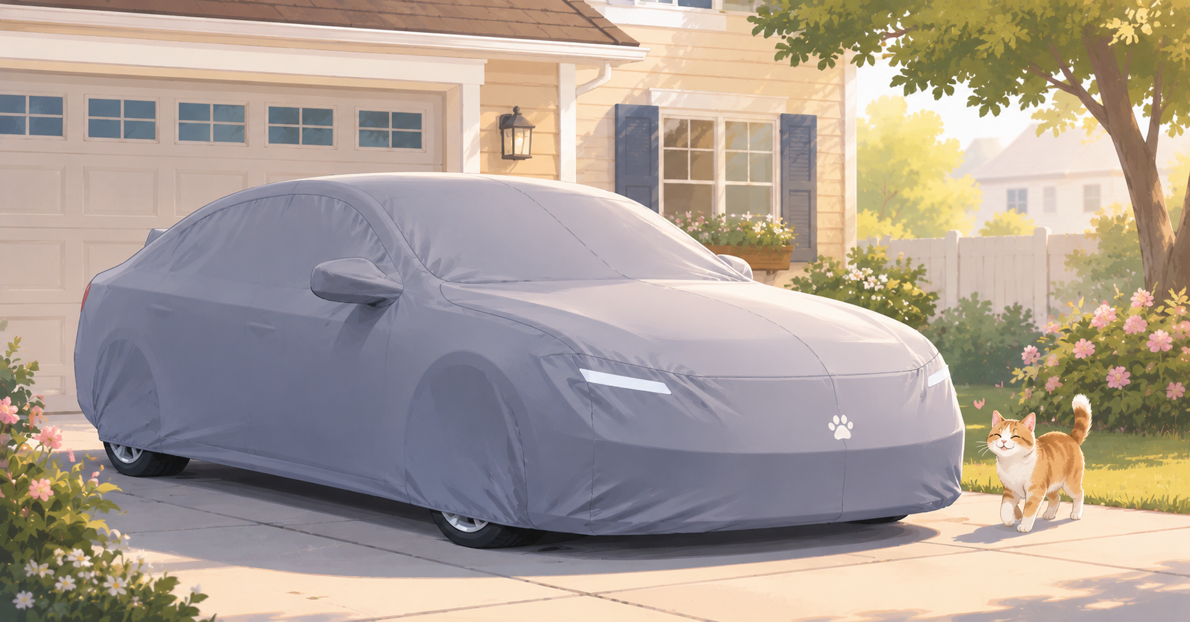 A protective, fitted car cover enclosing a sedan parked in a suburban driveway to prevent pet scratches.