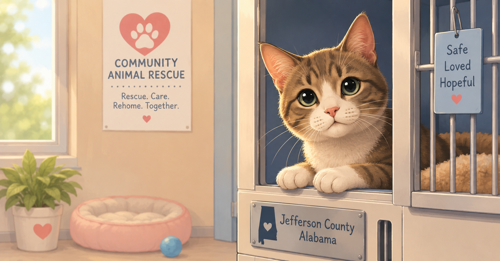A stray cat looking out from a safe shelter enclosure, illustrating community animal rescue resources in Jefferson County, Alabama.
