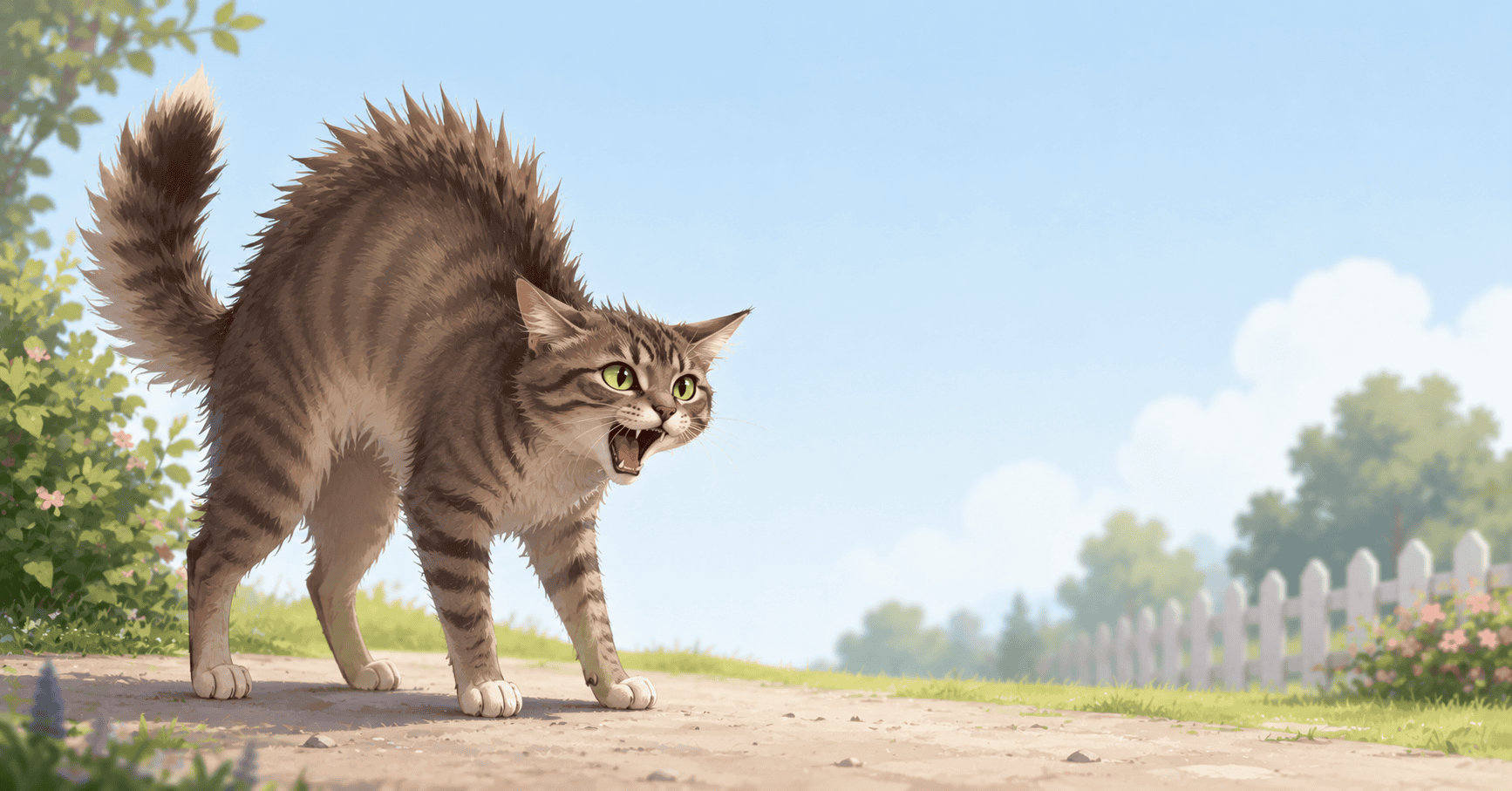 An arched-back cat displaying full body piloerection with an enlarged tail, demonstrating defensive feline body language.