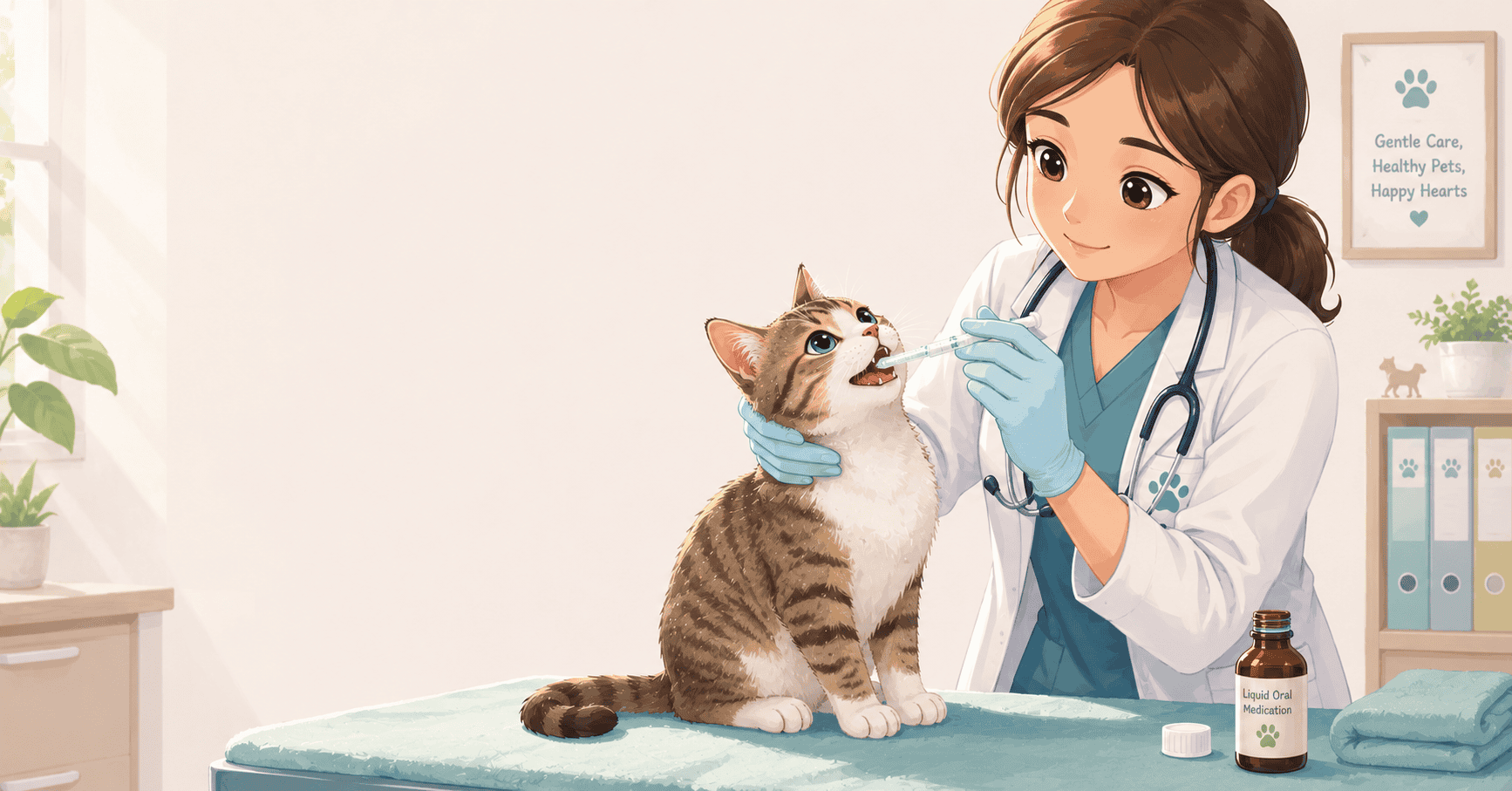 A veterinarian carefully administering a liquid oral dose to a cat, demonstrating the specialized handling required for non-injectable treatments.