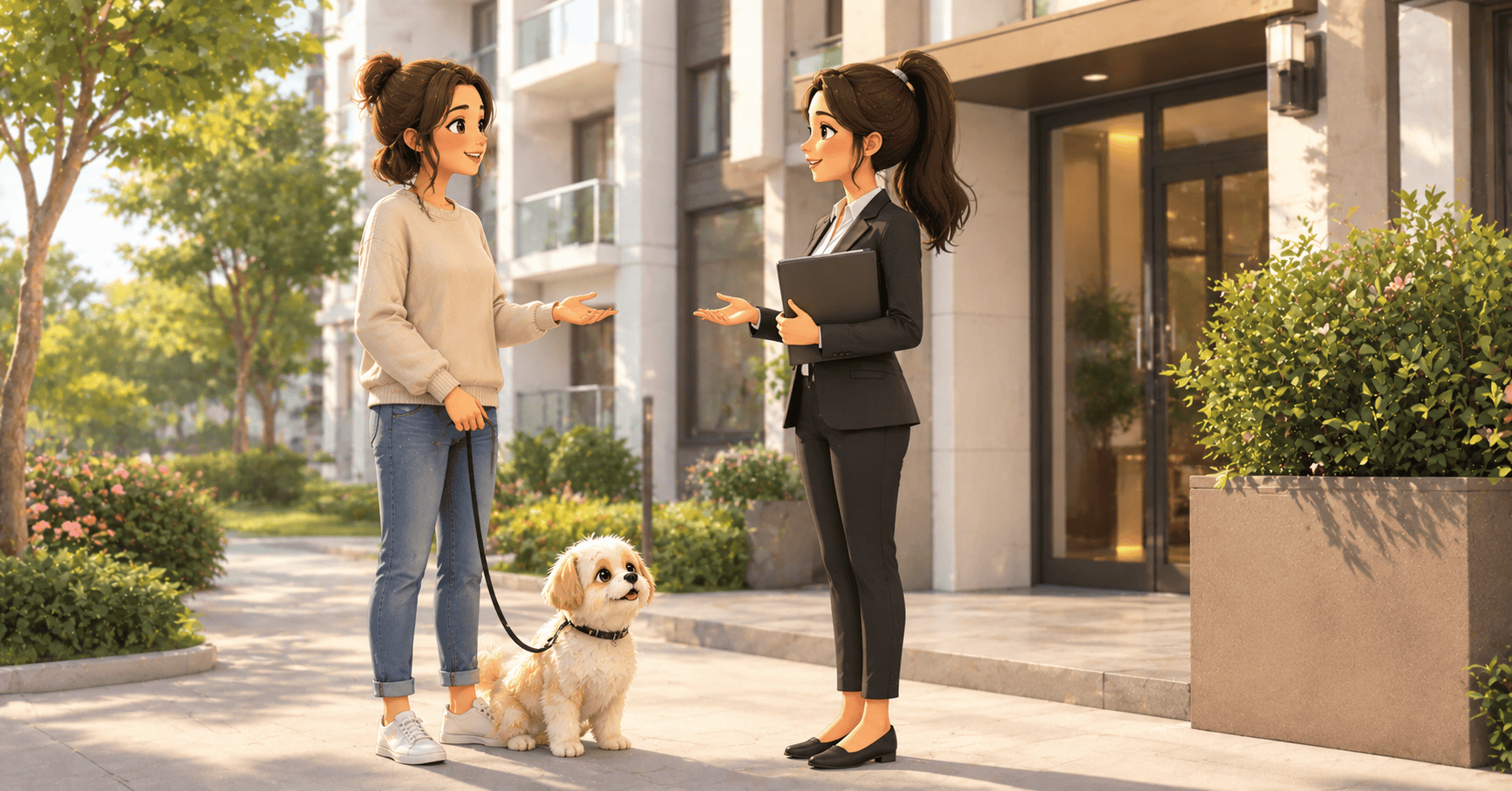 Condo owner with a small leashed dog calmly discussing pet policies with a condominium management representative outside a modern apartment building.