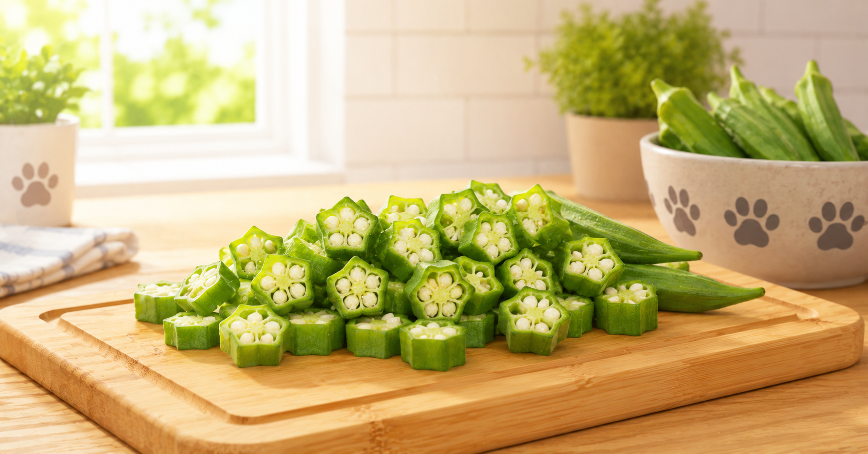 Fresh green okra pods sliced cleanly into small, bite-sized circular wheels on a kitchen cutting board for safe pet food preparation.