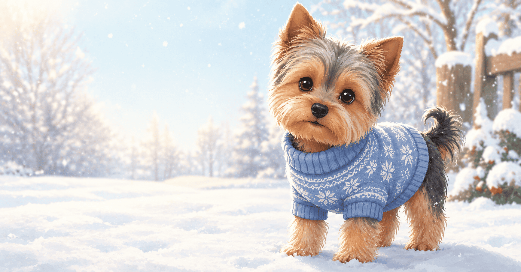 A small terrier dog wearing a protective winter sweater standing outside in the snow, illustrating proper cold weather care.