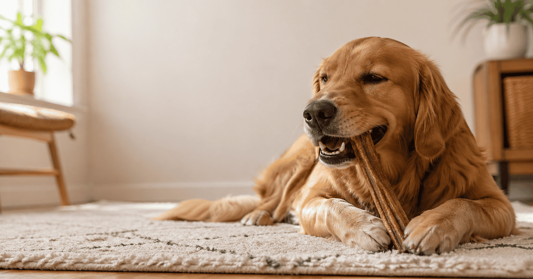 A dog lying comfortably on a rug, gently chewing on a natural turkey tendon treat.