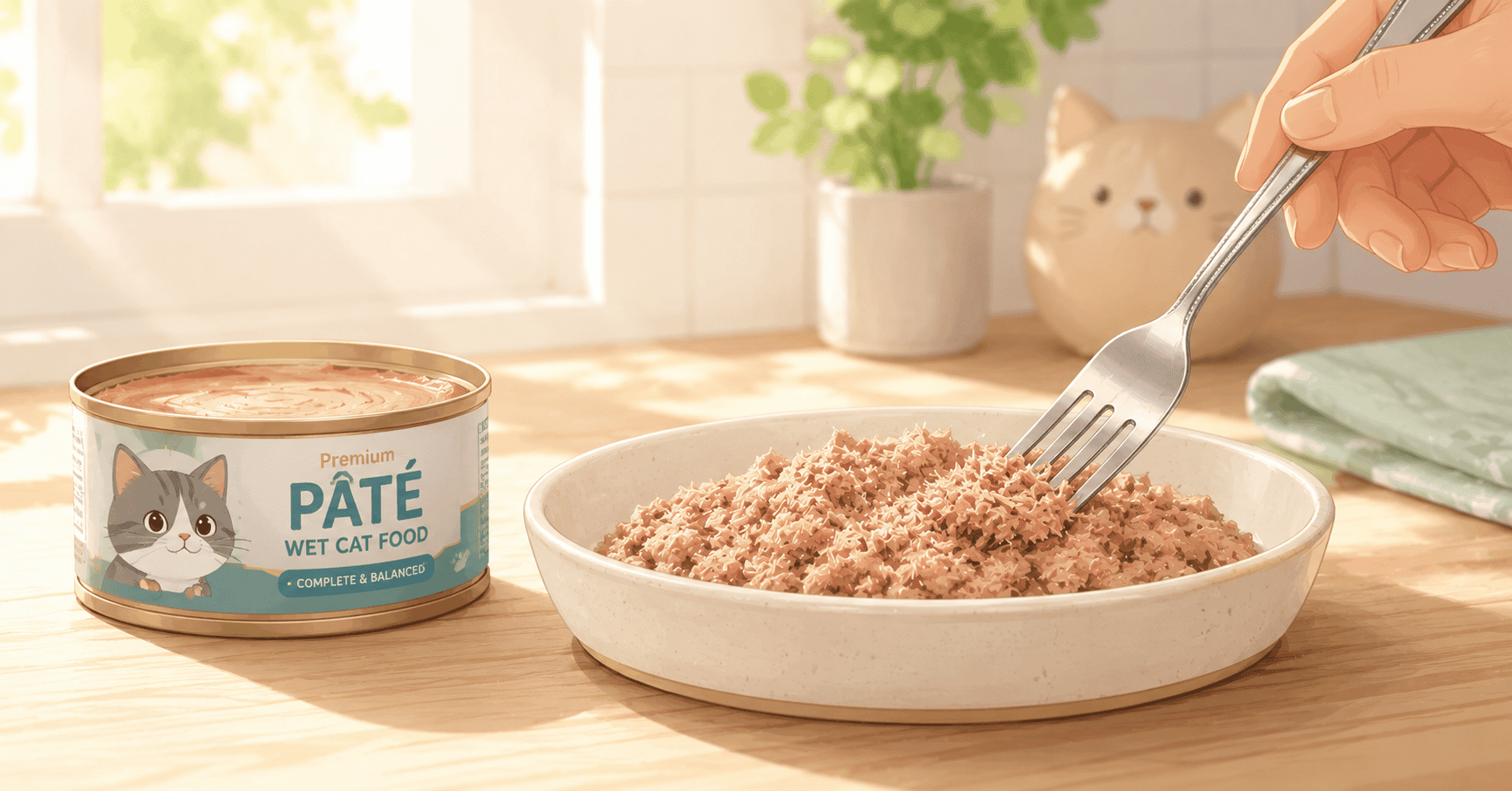 A tinned pate-style wet cat food being fluffed up with a silver kitchen fork in a shallow ceramic dish to create an appealing texture for a picky pet."