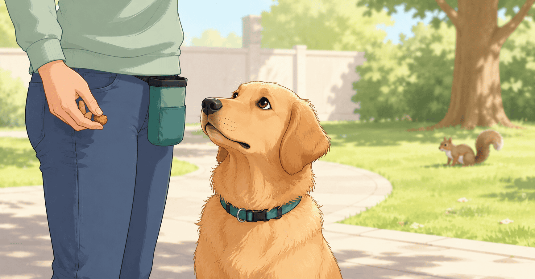 A person holding a small treat close to their hip to redirect an alert dog's attention away from an unwanted distraction.