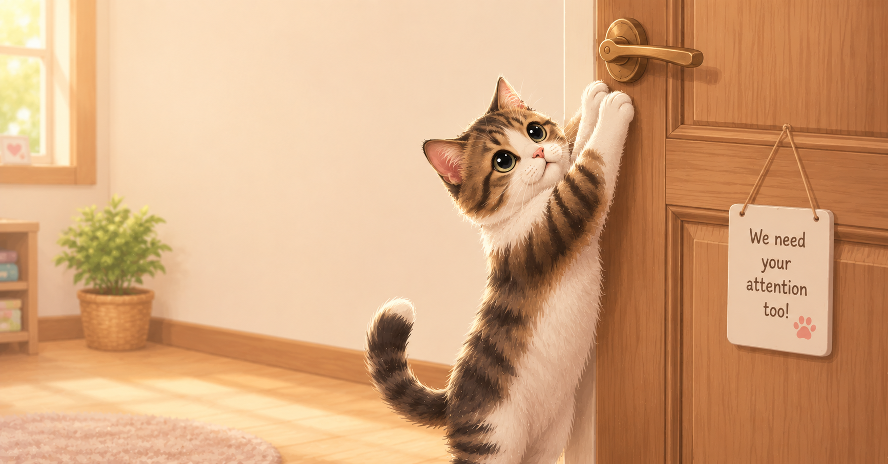 A cat reaching up with its paws toward a closed interior wooden door handle, illustrating common attention-seeking pet behaviors.
