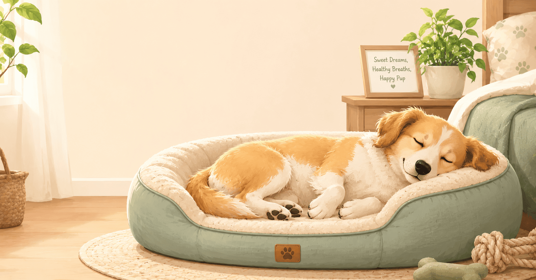 A dog sleeping soundly on its side in a bolster bed, illustrating a healthy sleeping position that helps keep airways open.