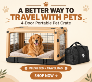 Sand dune 4-door portable pet crate with a plush bed, golden retriever, and travel bag, featuring a Shop Now banner